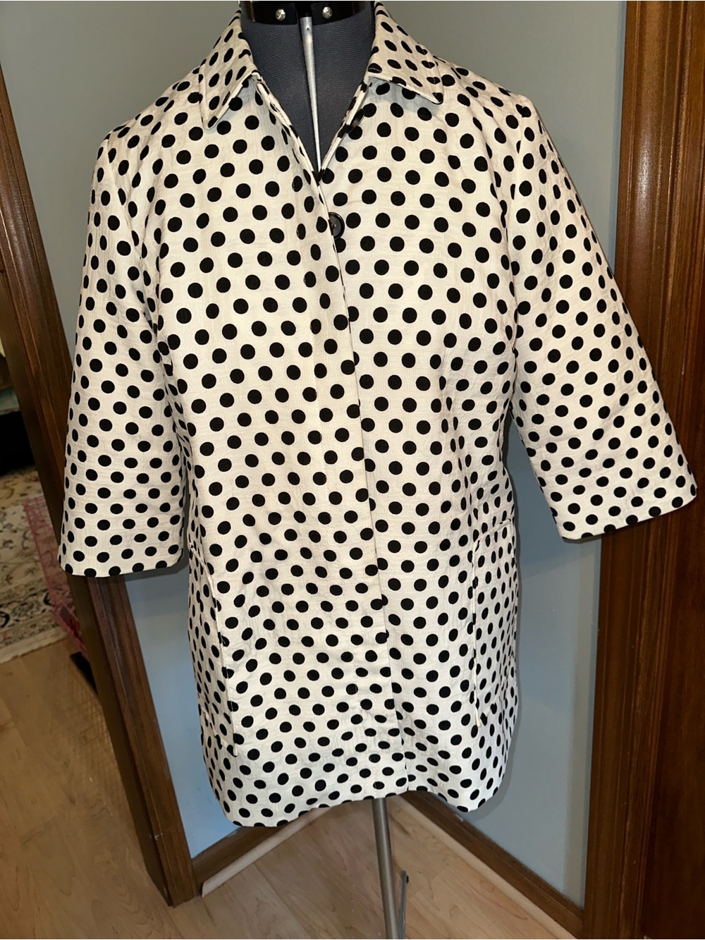 Chico's Black & White Polka Dot Short Sleeve Pea Coat